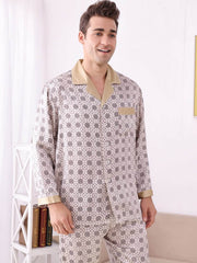 front view of men's breathable long - sleeved silk pajama set