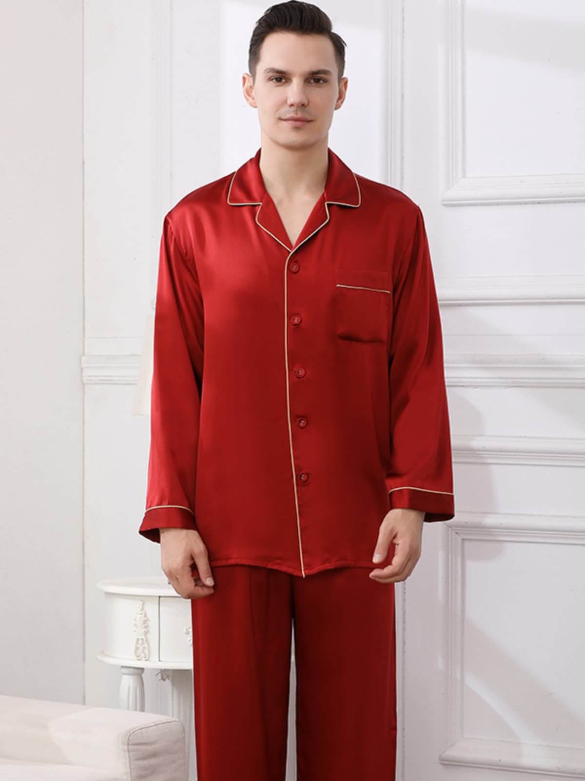 Men's Cozy Long - Sleeved Silk Pajama Set in red