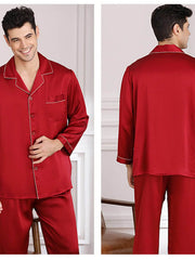 Men's Nighttime - Cozy Soft Long - Sleeved Silk Pajama Set in red