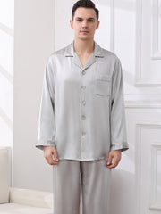 Model wearing Men's Cozy Long - Sleeved Silk Pajama Set at home