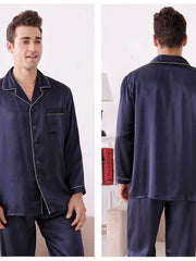 Men's Nighttime - Cozy Soft Long - Sleeved Silk Pajama Set in navy blue