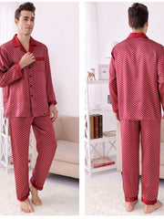 profile of men's breathable long - sleeved silk pajama set in red