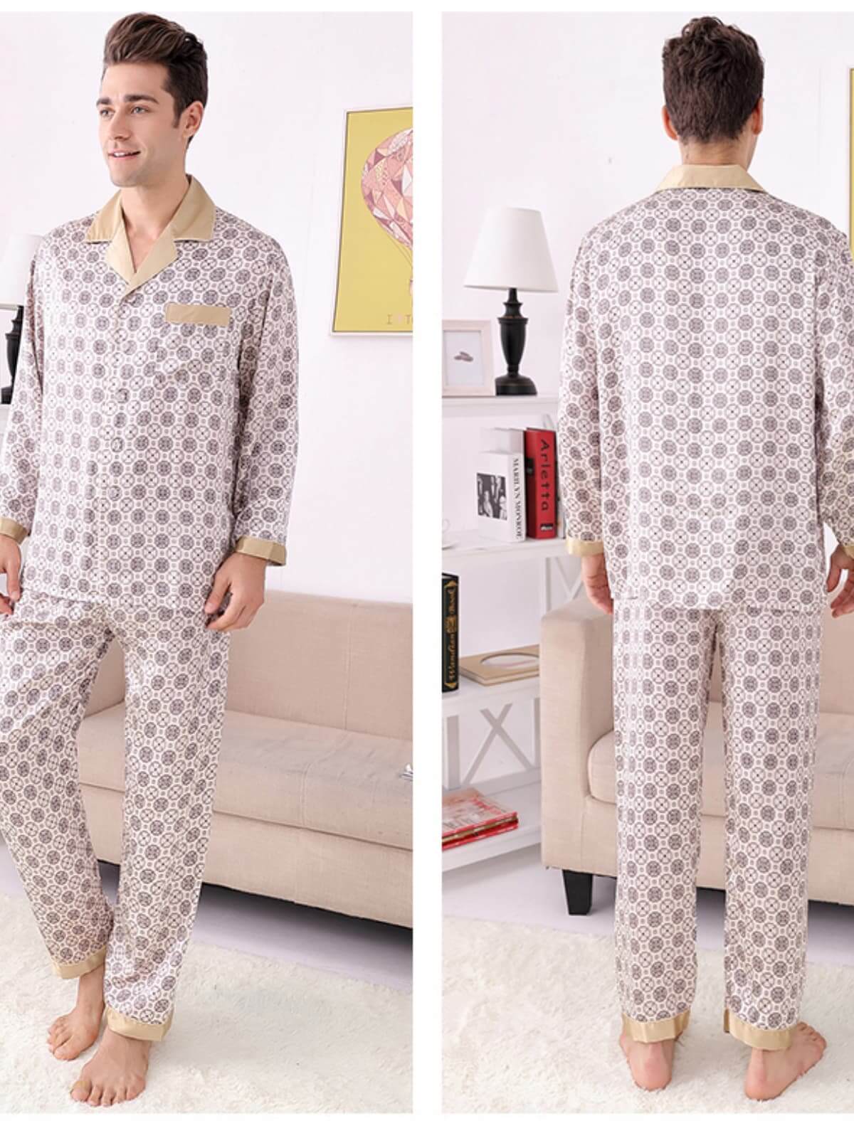 profile of men's breathable long - sleeved silk pajama set