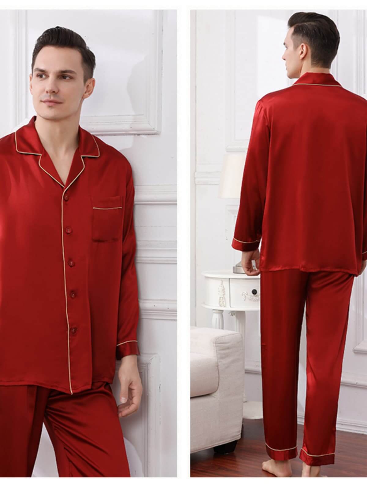 Men's Cozy Long - Sleeved Silk Pajama Set in red