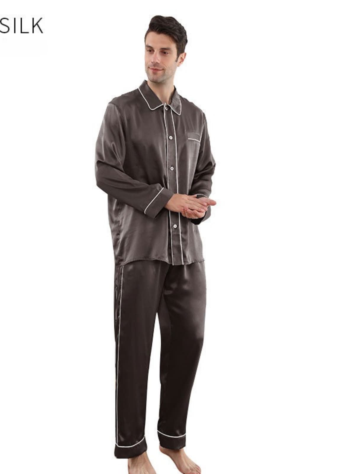 Front view of Men's Silk Pajama Set Luxury 22 MM in brown