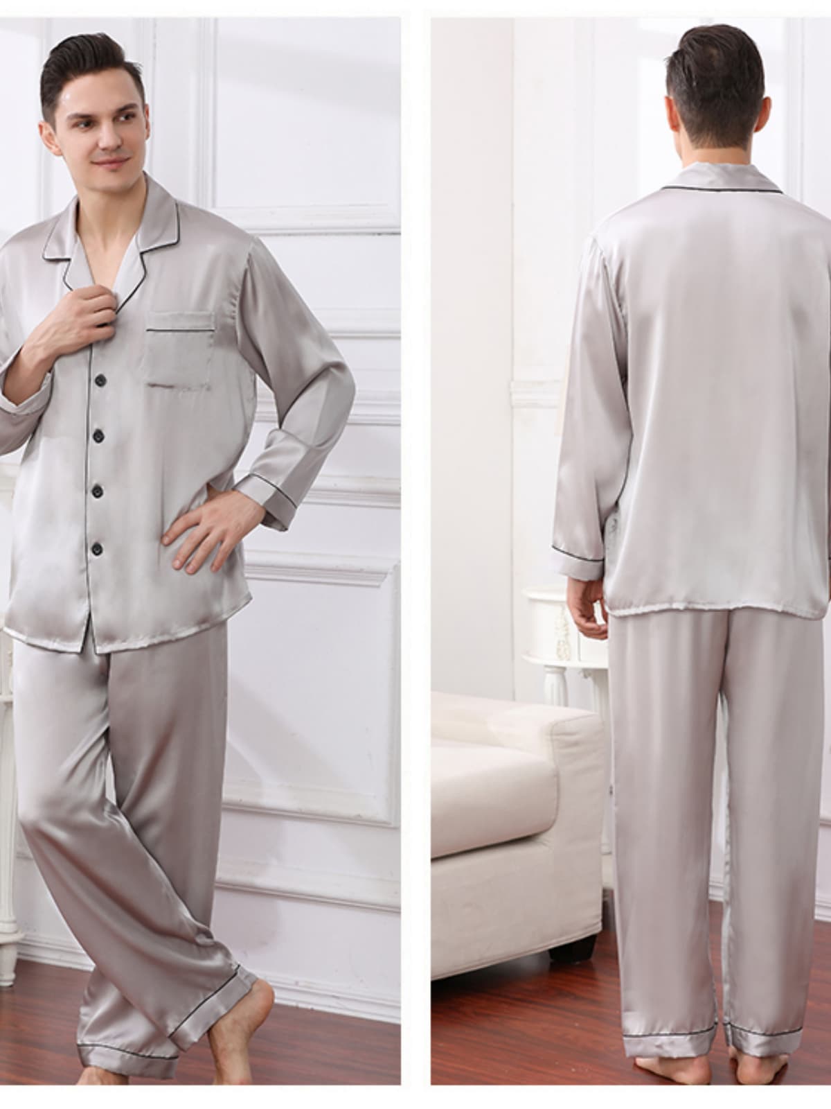 Men's Nighttime - Cozy Soft Long - Sleeved Silk Pajama Set