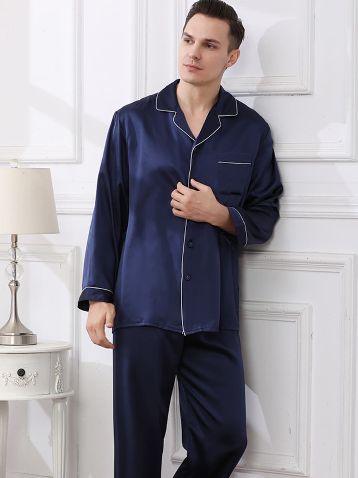 Front view of Men's Cozy Long - Sleeved Silk Pajama Set in navy blue