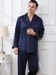 Front view of Men's Cozy Long - Sleeved Silk Pajama Set in navy blue