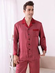 front view of men's breathable long - sleeved silk pajama set in red