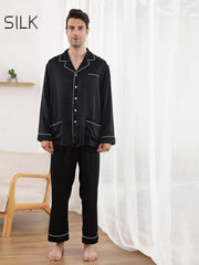 Long Sleeve Men's Silk Pajama Set 22mm Luxury in black color