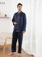 Model wearing Men's Silk Pajama Set Luxury 22 MM in navy blue