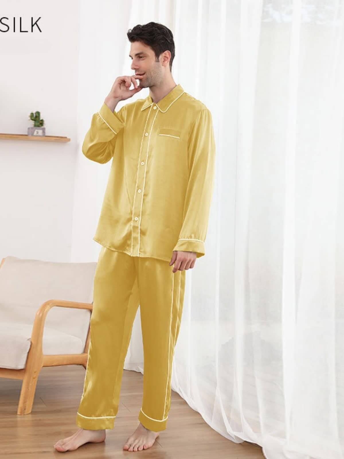 Men's Silk Pajama Set Luxury 22 MM in yellow color