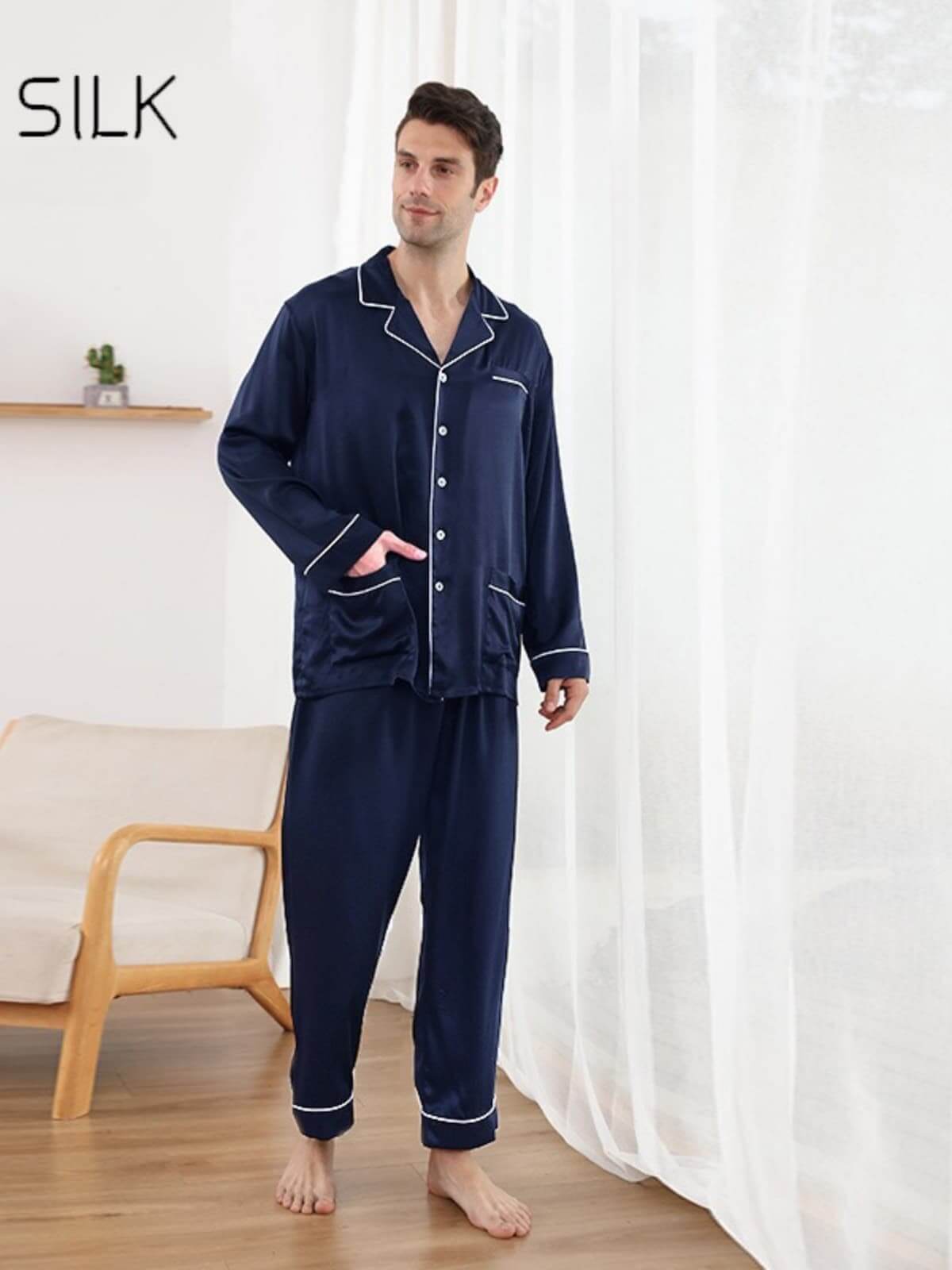 Long Sleeve Men's Silk Pajama Set 22mm Luxury in navy color