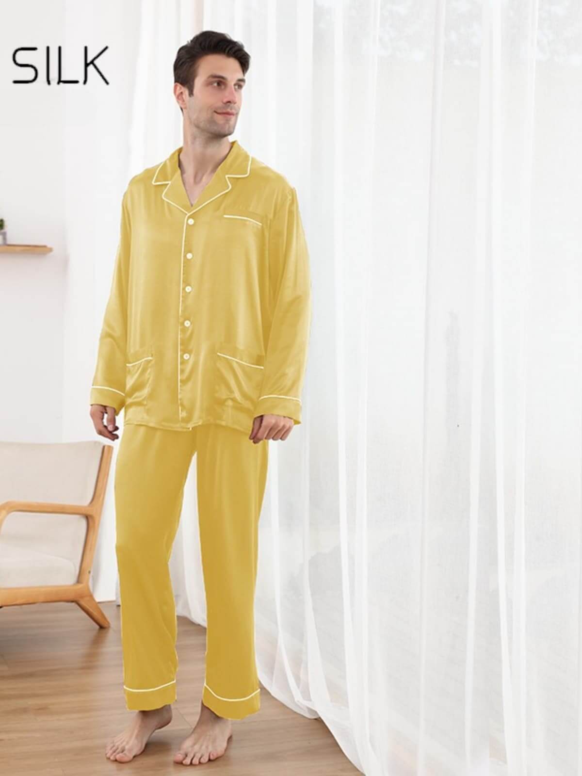 Long Sleeve Men's Silk Pajama Set 22mm Luxury in yellow color