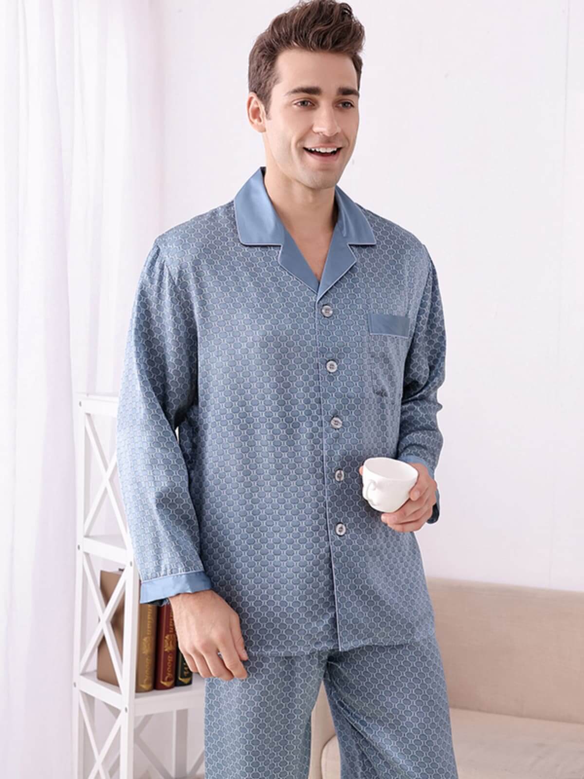 men's breathable long - sleeved silk pajama set