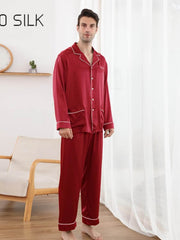 Long Sleeve Men's Silk Pajama Set 22mm Luxury in red color