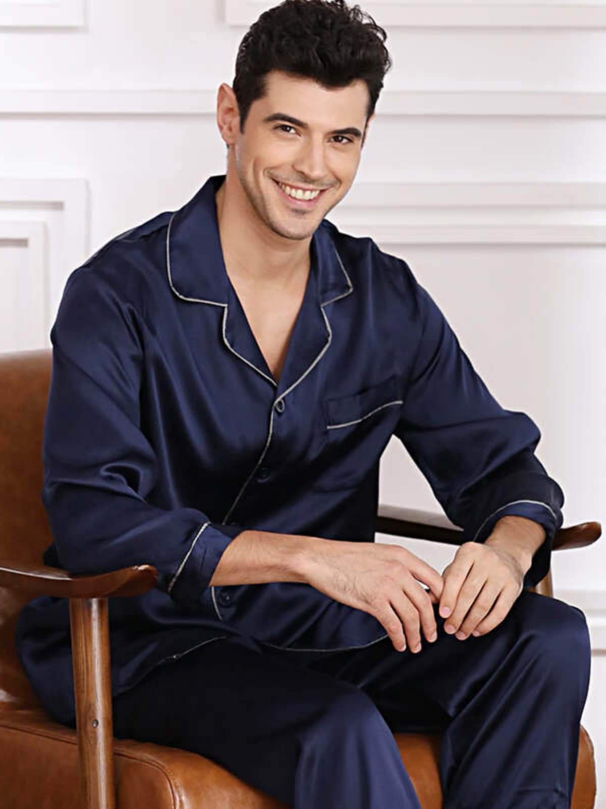 men's long - sleeved silk pajama set in navy blue