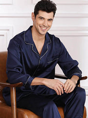 men's long - sleeved silk pajama set in navy blue