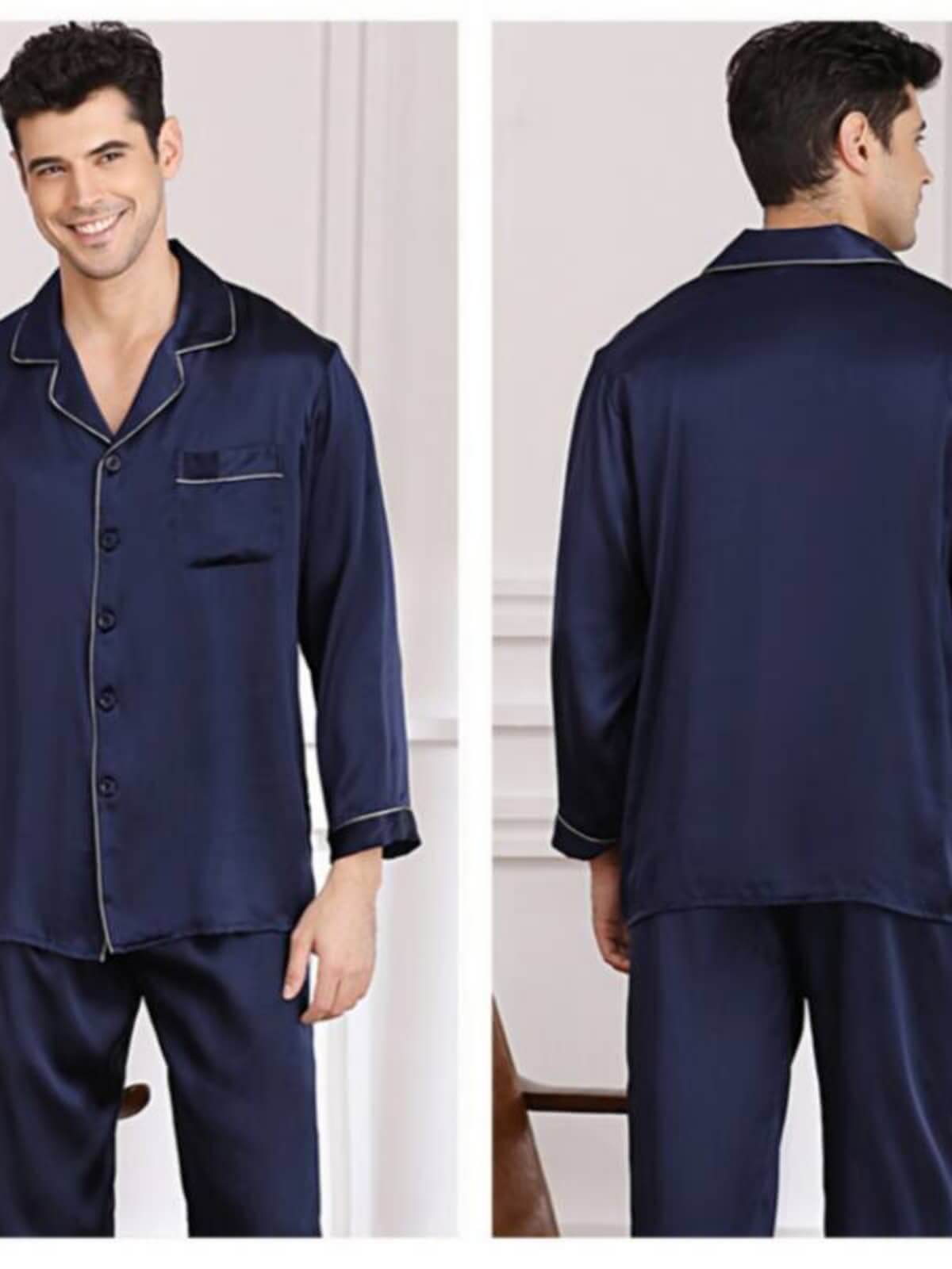 Profile of men's long - sleeved silk pajama set