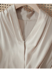 Heavyweight Ruched Waist Mulberry Silk Maxi Dress, close-up view of cowl neck detail and soft silk fabric.