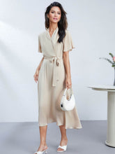Heavyweight Ruched Waist Mulberry Silk Maxi Dress in beige, featuring a tie waist and short sleeves.