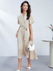 Heavyweight Ruched Waist Mulberry Silk Maxi Dress in beige, featuring a tie waist and short sleeves.