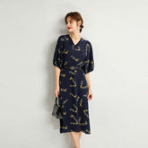 Navy Blue Floral Mulberry Silk Dress - SILKSER