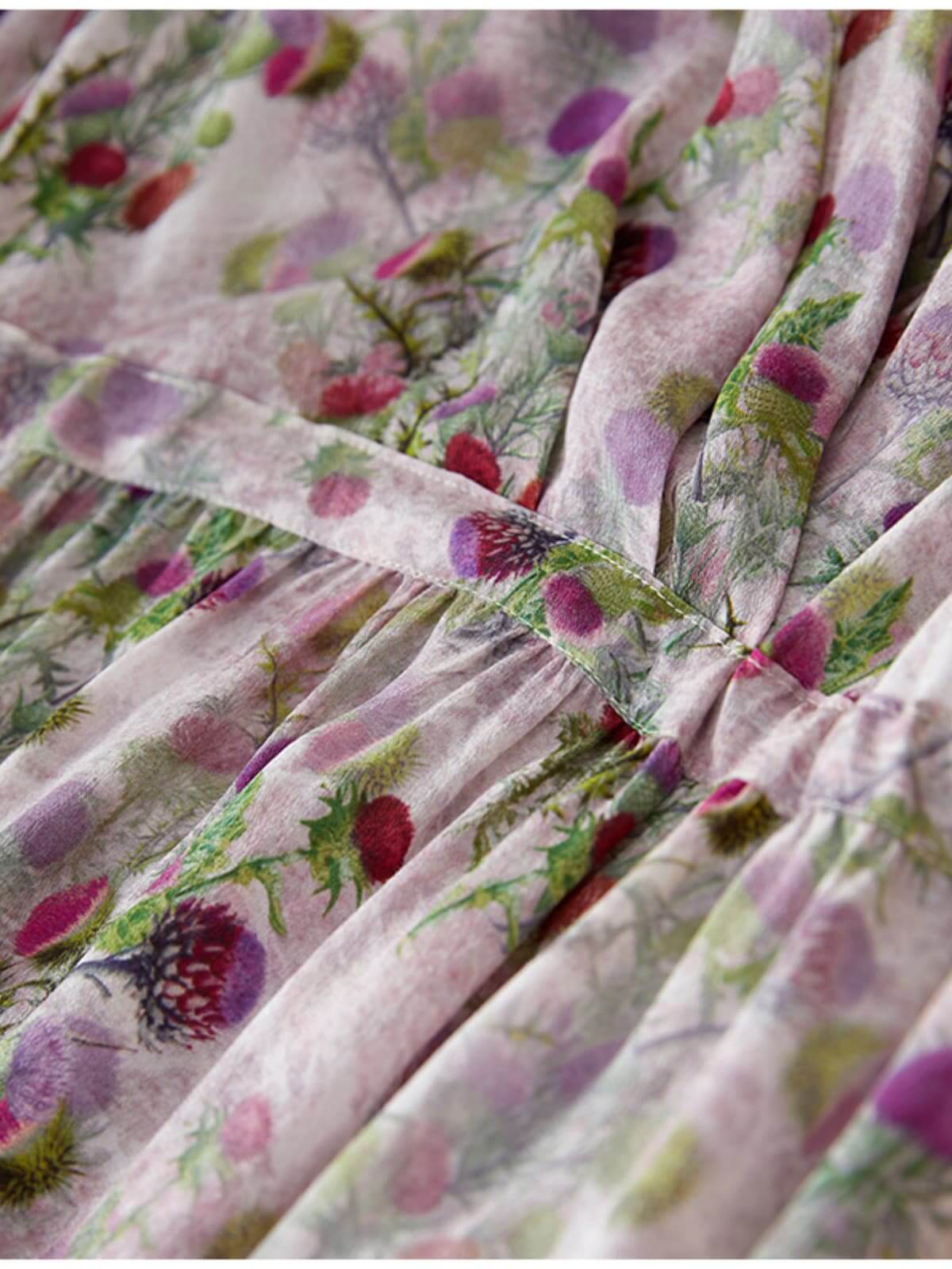 Luxury Mulberry Silk Maxi Dress featuring a floral pattern with vibrant colors and detailed waistline.