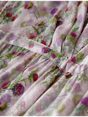 Luxury Mulberry Silk Maxi Dress featuring a floral pattern with vibrant colors and detailed waistline.