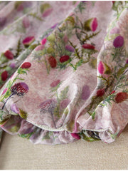 Luxury Mulberry Silk Maxi Dress with floral print detail showcasing elegant fabric texture.