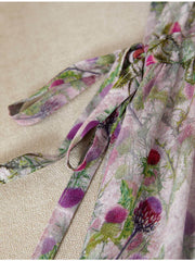 Luxury Mulberry Silk Maxi Dress close-up of floral tie detail on soft fabric