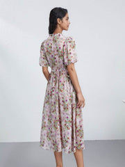 Luxury Mulberry Silk Maxi Dress featuring a floral design, mid-length, and comfortable fit for stylish elegance.
