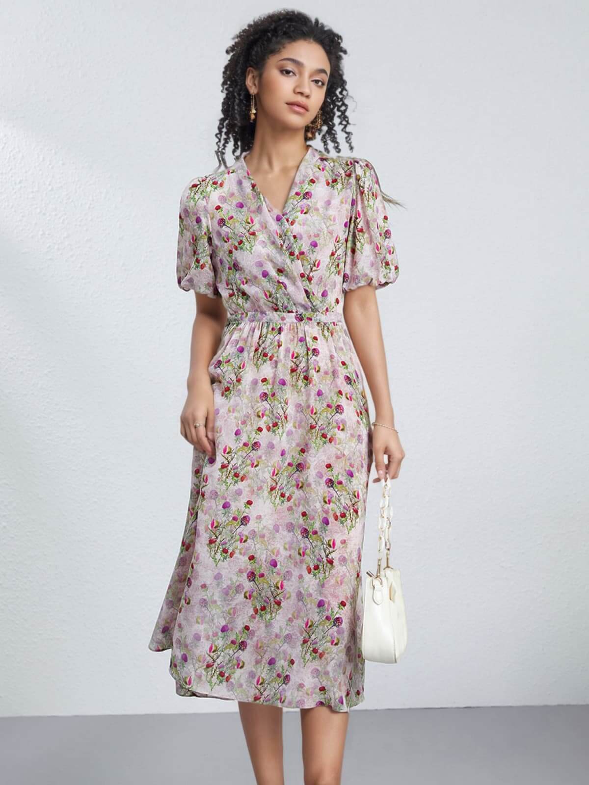 Luxury Mulberry Silk Maxi Dress featuring floral design and puff sleeves, perfect for a stylish summer look.