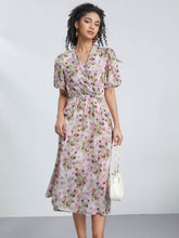 Luxury Mulberry Silk Maxi Dress featuring floral design and puff sleeves, perfect for a stylish summer look.
