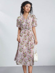 Luxury Mulberry Silk Maxi Dress featuring floral design and puff sleeves, perfect for a stylish summer look.