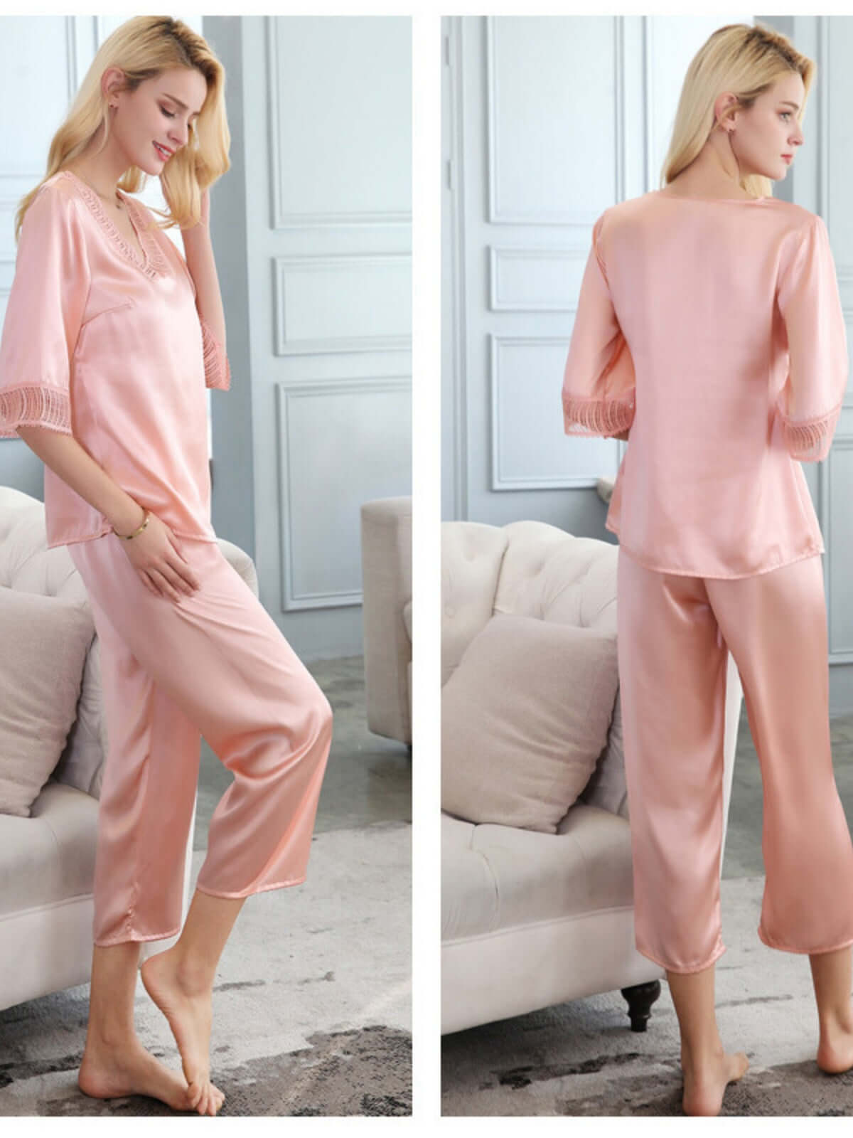 V - neck Lace Silk Pajamas Set for Women in pink
