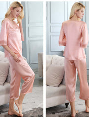 V - neck Lace Silk Pajamas Set for Women in pink