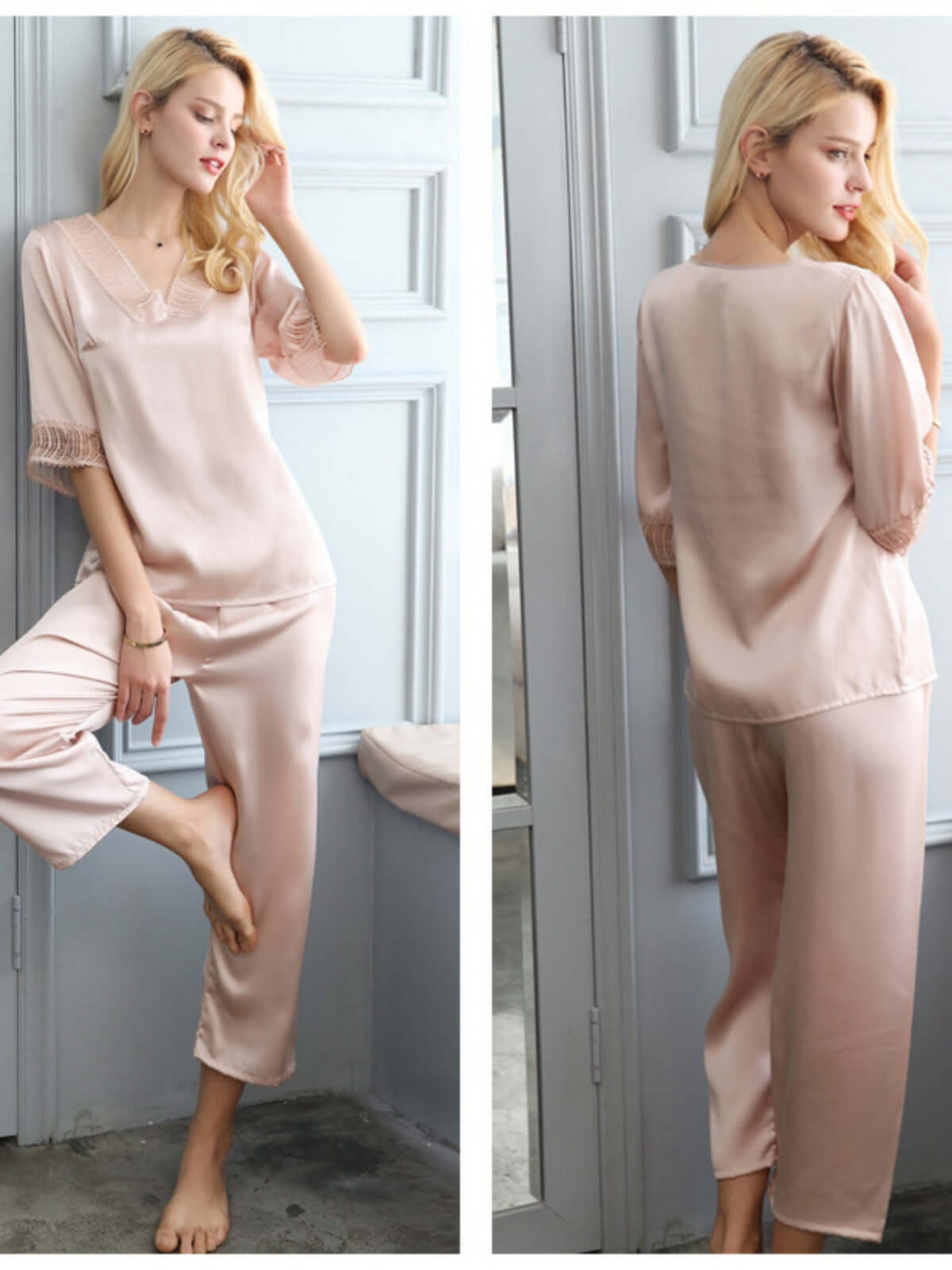 V - neck Lace Silk Pajamas Set for Women