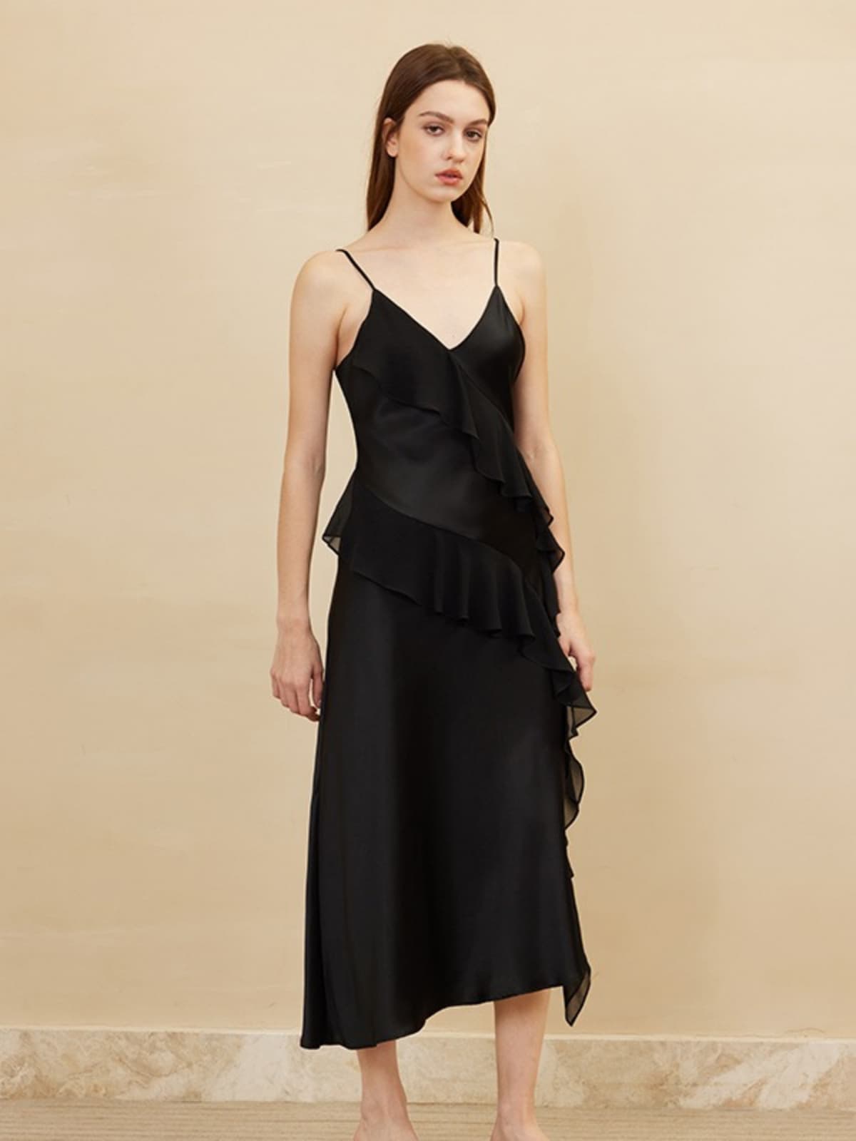 Front view of Black Ruffled - Trim Silk Slip Dress