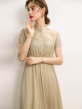 front view of Elegant Lace Beige Silk Dress