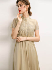 front view of Elegant Lace Beige Silk Dress