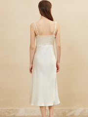 Back view of Elegant Spaghetti - Strap Pure Silk Dress in white