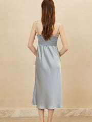 Back view of Elegant Spaghetti - Strap Pure Silk Dress in gray