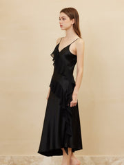 Profile of Black Ruffled - Trim Silk Slip Dress