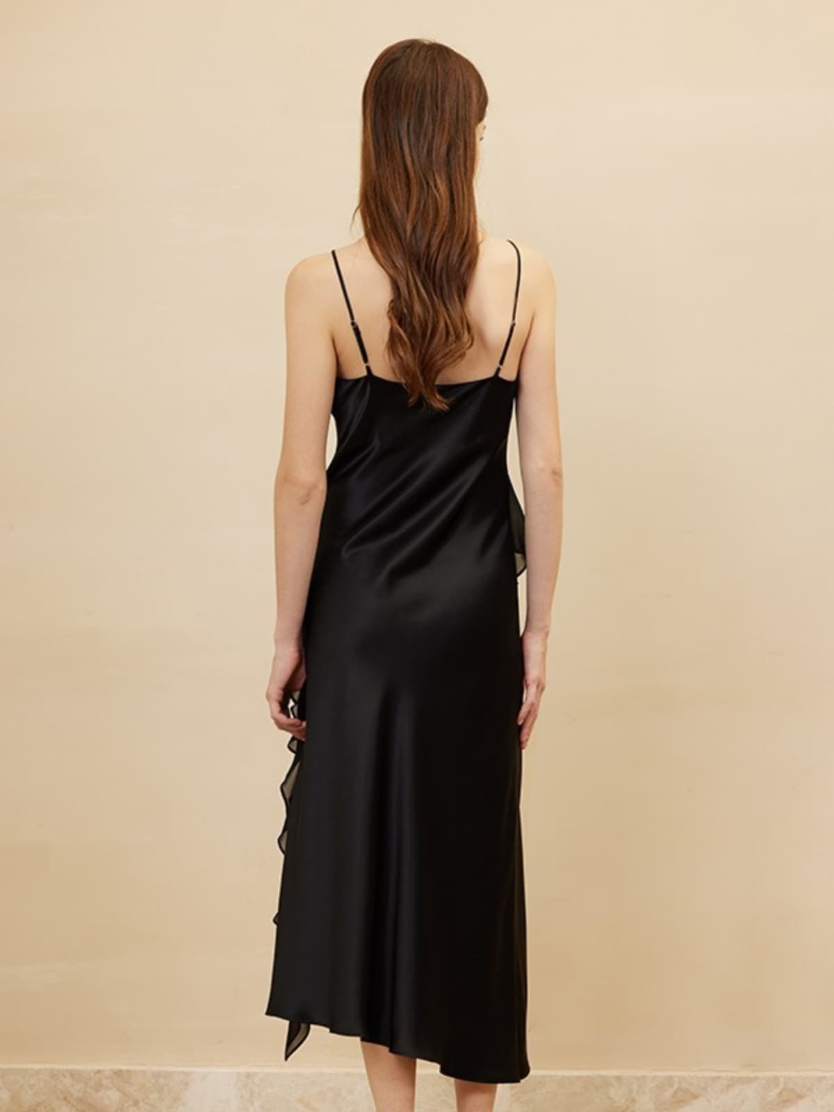 Back view of Black Ruffled - Trim Silk Slip Dress