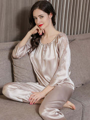 Women's Long - sleeved Lace Silk Pajama Set