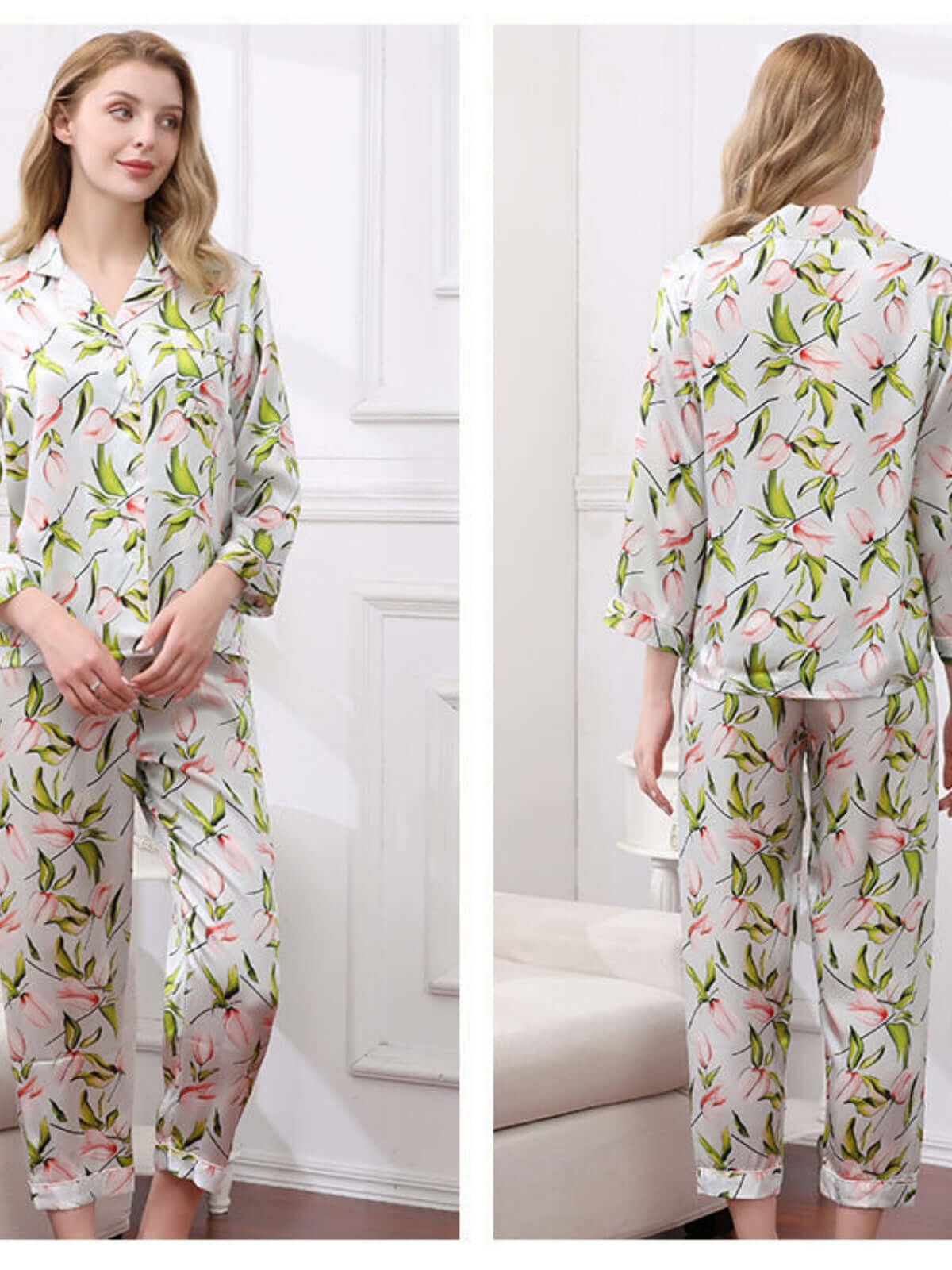 Profile of Women's Cozy Floral Silk Pajamas Set