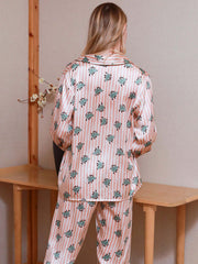 Back view of Women's Long - sleeved Delicate Floral Silk Pajamas Set