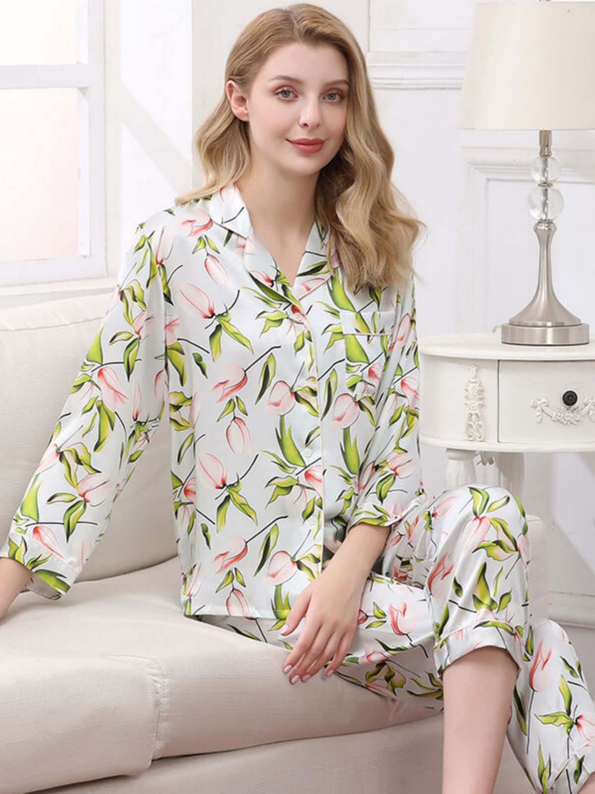 Model wearing Women's Cozy Floral Silk Pajamas Set at home