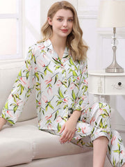 Model wearing Women's Cozy Floral Silk Pajamas Set at home